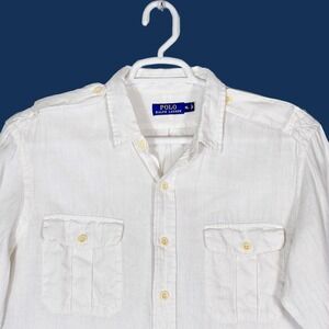VTG Polo Ralph Lauren 100% Linen Herringbone Epaulet Safari Shirt Mens XL Ivory